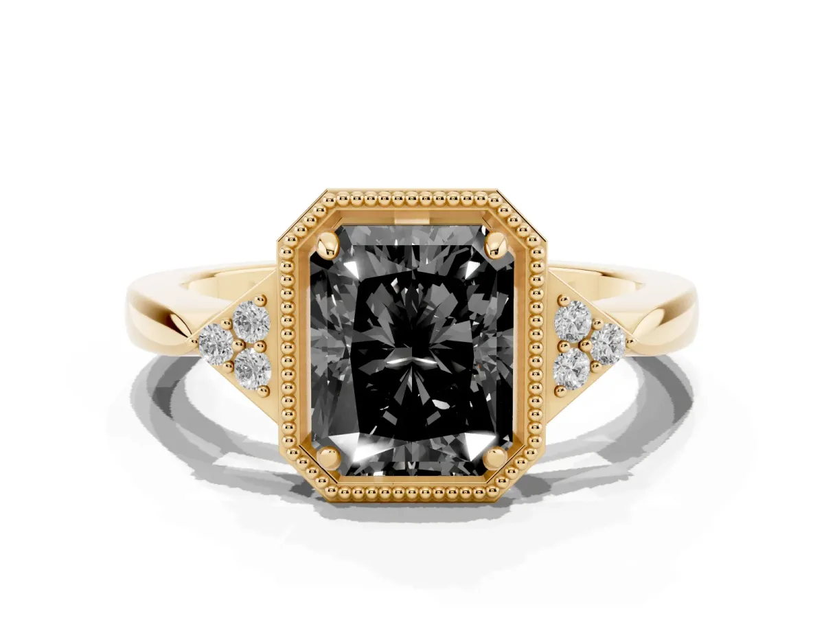 Fancy Black Hexagonal Halo Radiant Cut Diamond Solitaire with Pavé Band and Four-Prong Setting Yellow gold