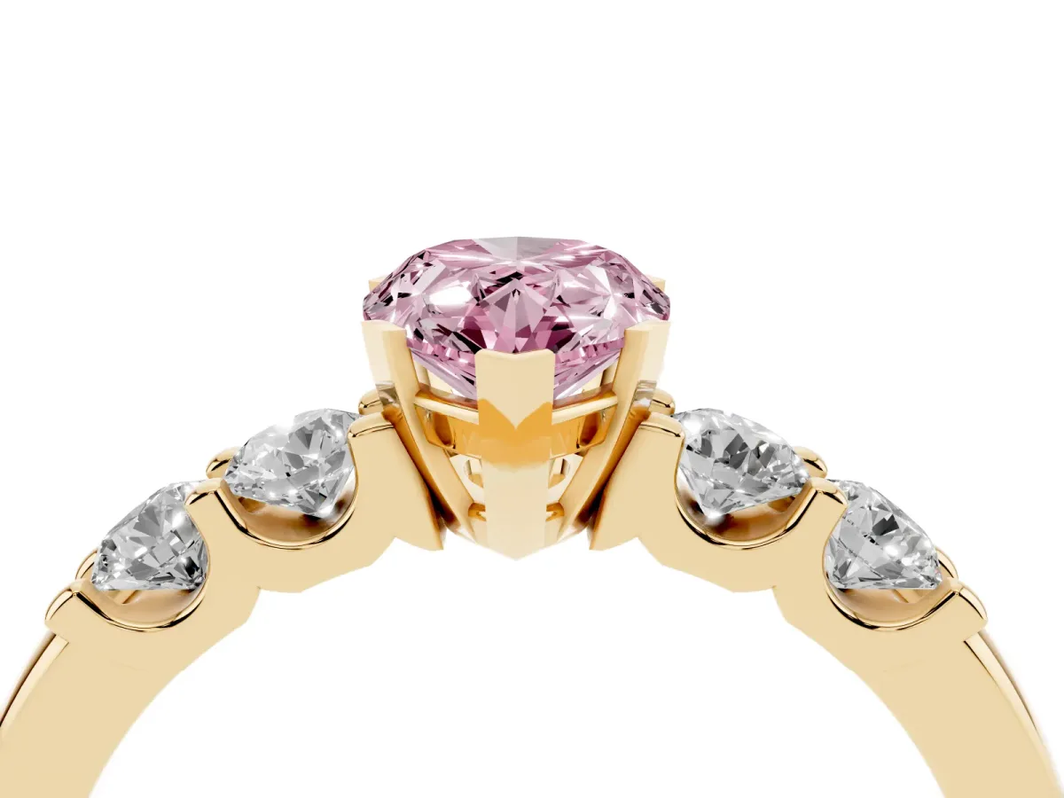 Fancy Pink Pear Cut Brilliant Cut Diamond Five-Stone Prong Set Engagement Ring with Channel Band Yellow gold