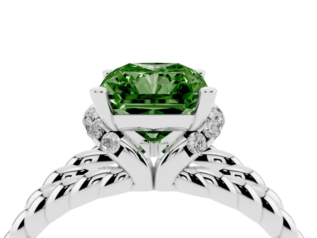 Fancy Green Radiant Cut Halo Twisted Band Four-Prong Ring Platinum