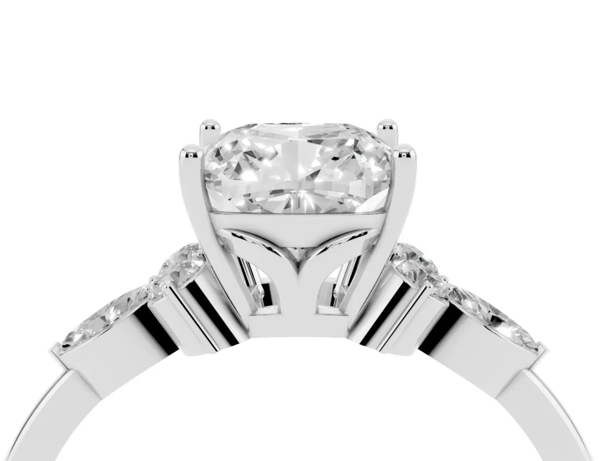Cushion Cut Brilliant Diamond Solitaire Ring with Pear Side Stones and Four-Prong Setting Silver