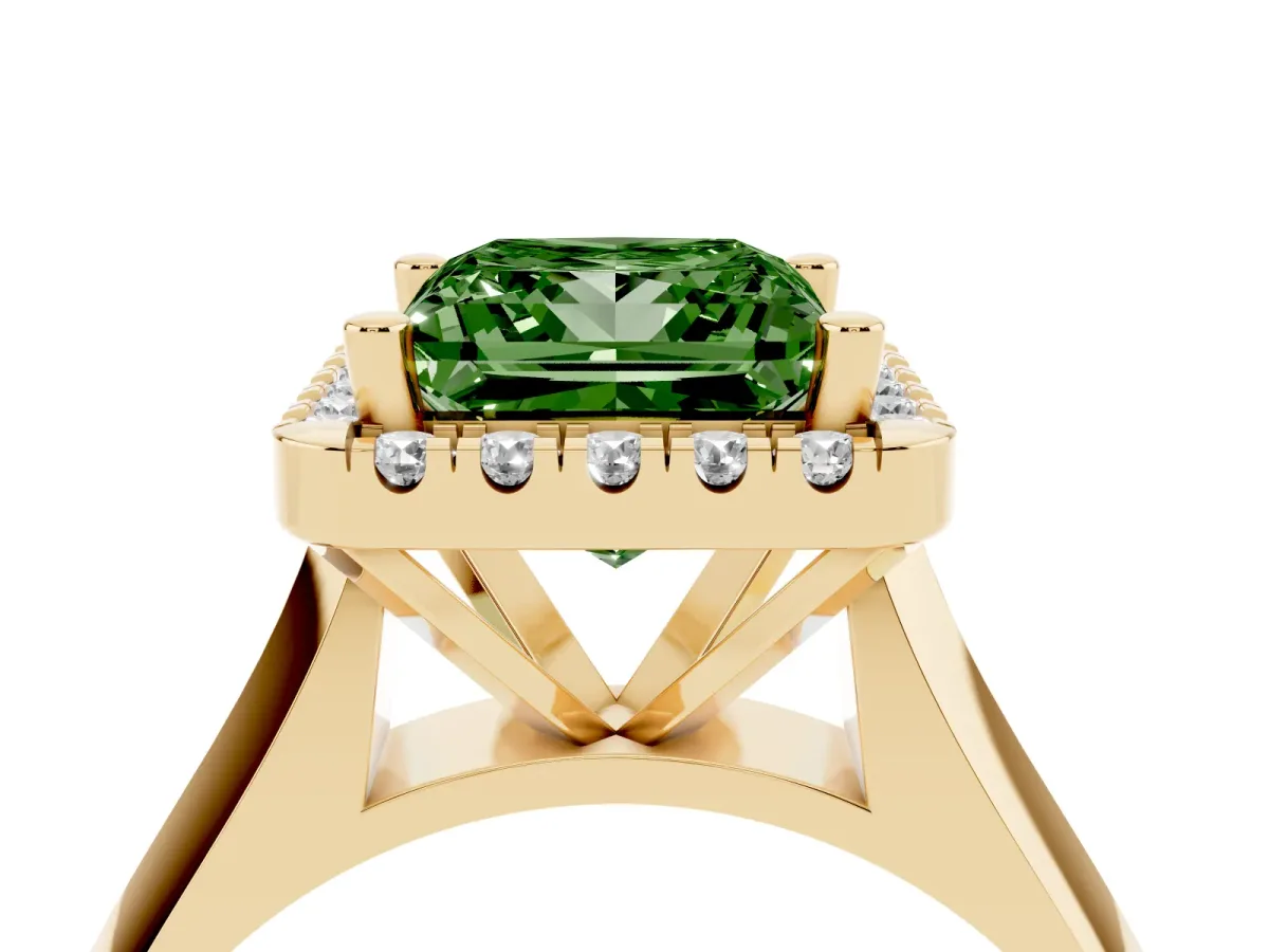 Fancy Green Princess Cut Cut Halo Solitaire Engagement Ring with Square Band and Four-Prong Setting Yellow gold