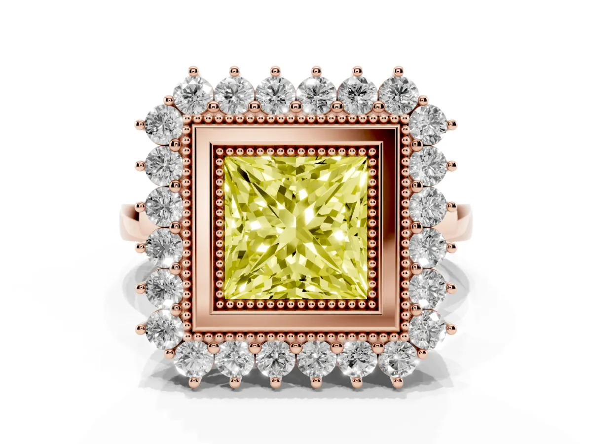 Fancy Yellow Princess Cut Halo Diamond Ring with Milgrain Edge and Round Prong Setting Rose gold