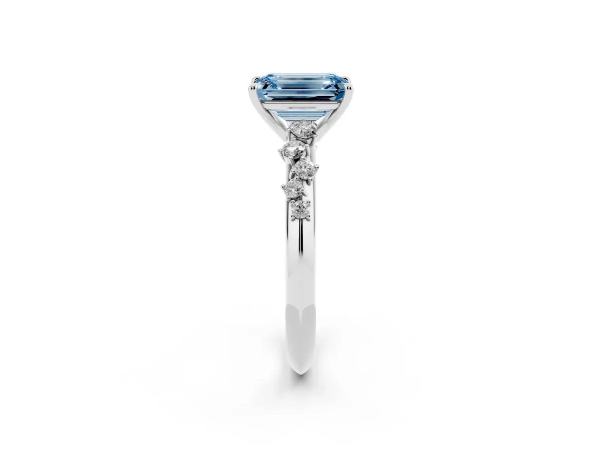 Fancy Blue Emerald Cut Diamond Cluster Side Stone Solitaire Ring with Prong Setting Platinum