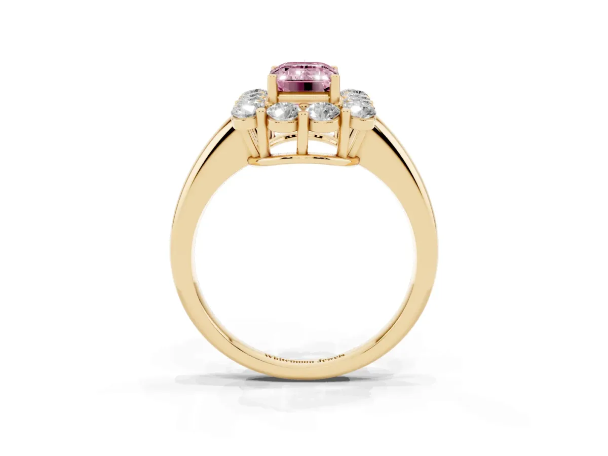 Fancy Pink Emerald Cut Halo Cluster Diamond Engagement Ring with Prong Setting and Polished Band Yellow gold