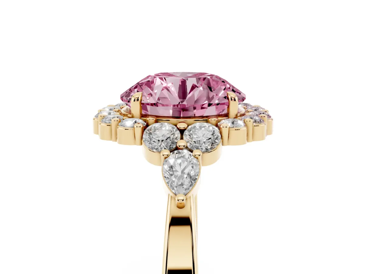 Fancy Pink Round Cut Diamond Halo Ring with Pear Side Stones and Prong Setting Yellow gold