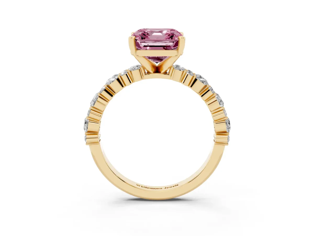 Fancy Pink Asscher Cut Diamond Side Stone Solitaire Ring with Round and Four-Prong Setting Yellow gold