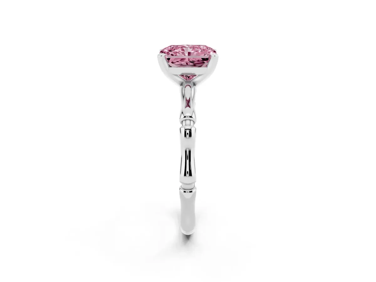 Fancy Pink Radiant Cut Solitaire Diamond Ring with Bamboo Band and Four-Prong Setting Silver