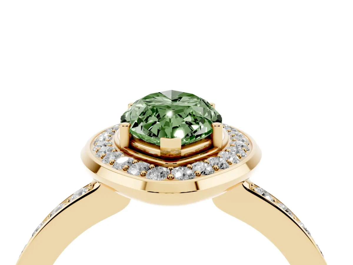 Fancy Green Marquise Cut Diamond Halo Ring with Bezel Frame and Pavé Band Yellow gold