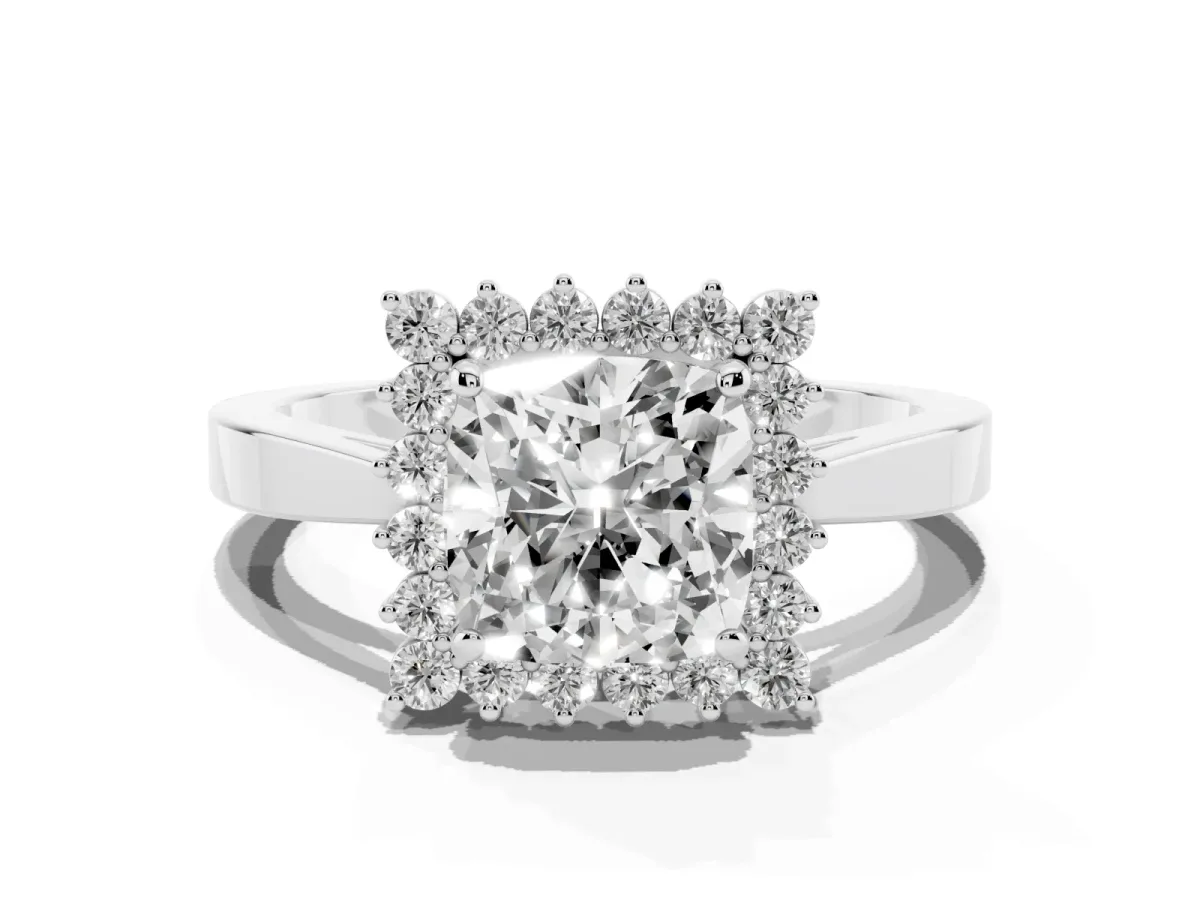 Cushion Cut Cut Diamond Halo Ring with Round Brilliant Halo and Solitaire Band White gold
