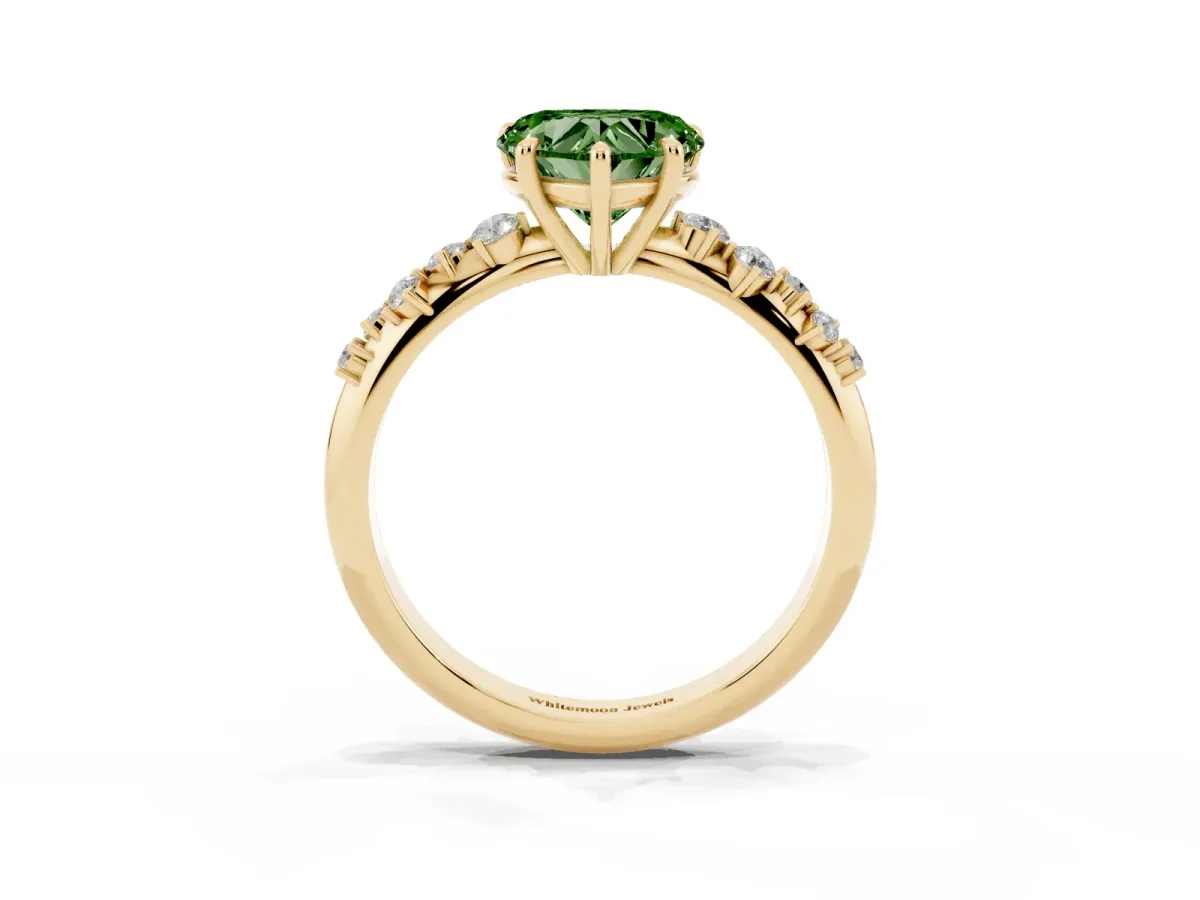 Fancy Green Heart Cut Diamond Cluster Side Stone Solitaire Ring with Prong Setting Yellow gold