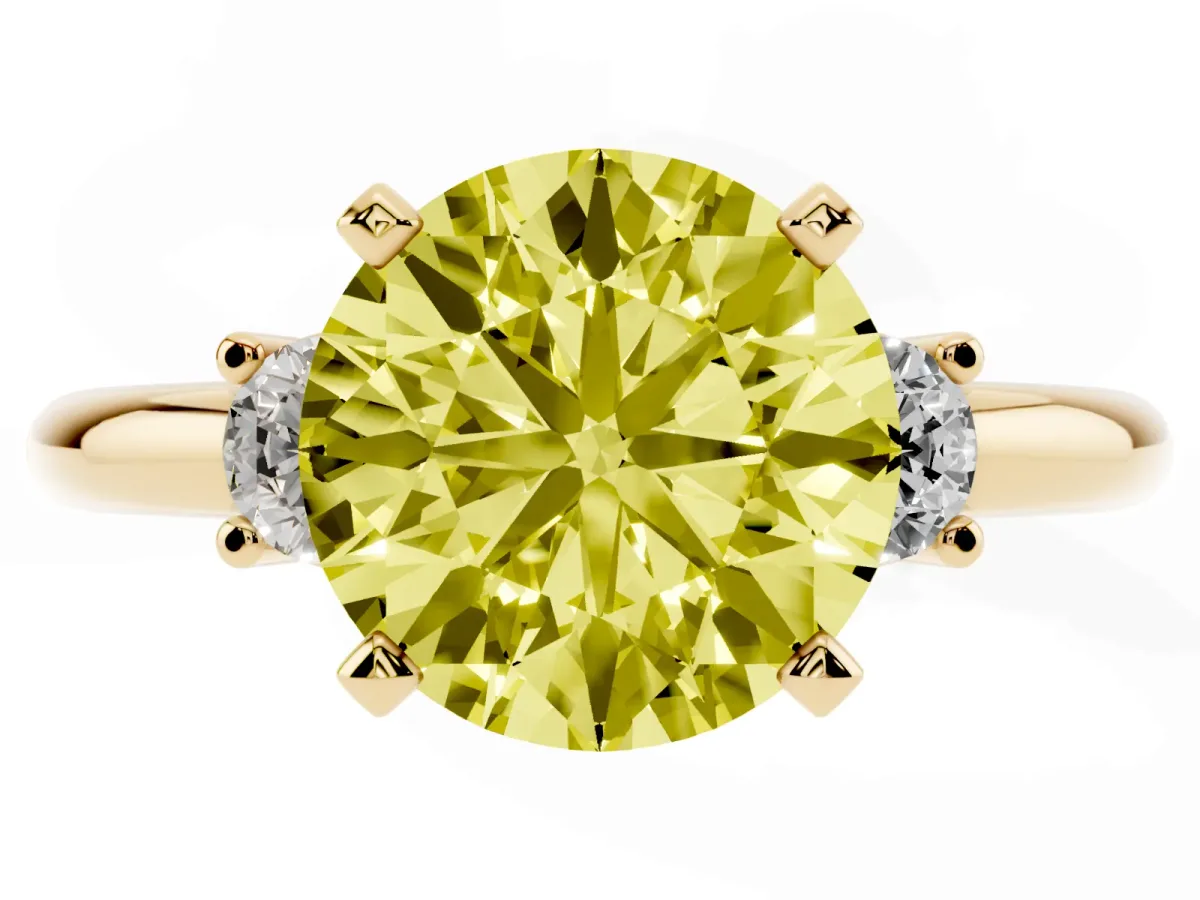 Fancy Yellow Three-Stone Round Cut Cut Diamond Solitaire with Prong Setting and Classic Band Yellow gold