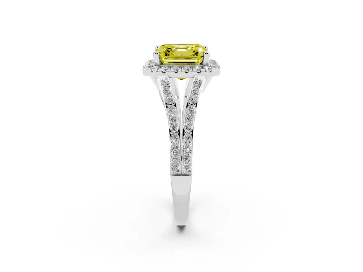 Fancy Yellow Asscher Cut Halo Split Shank Diamond Ring with Prong Setting Silver