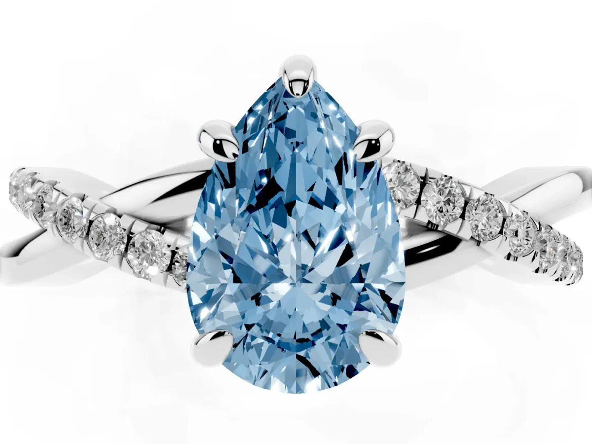 Fancy Blue Pear Cut Cut Diamond Twist Band Solitaire with Prong Setting Silver