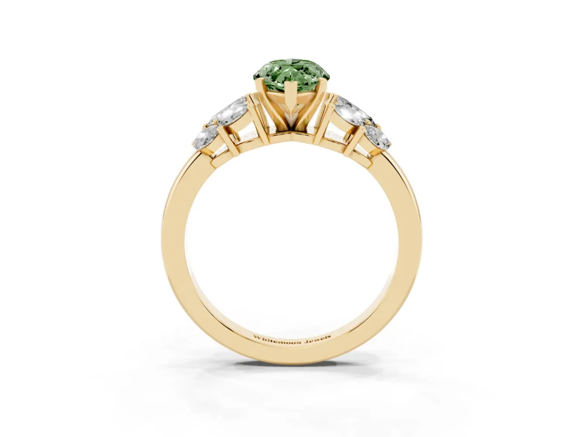 Fancy Green Marquise Cut Diamond Cluster Leaf Design Ring with Prong Setting Yellow gold