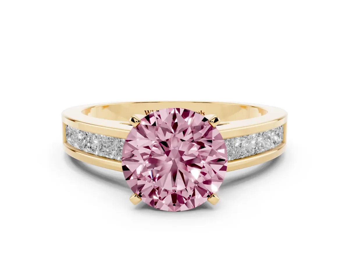 Fancy Pink Round Cut Solitaire Diamond Ring with Channel-Set Band and Four-Prong Setting Yellow gold