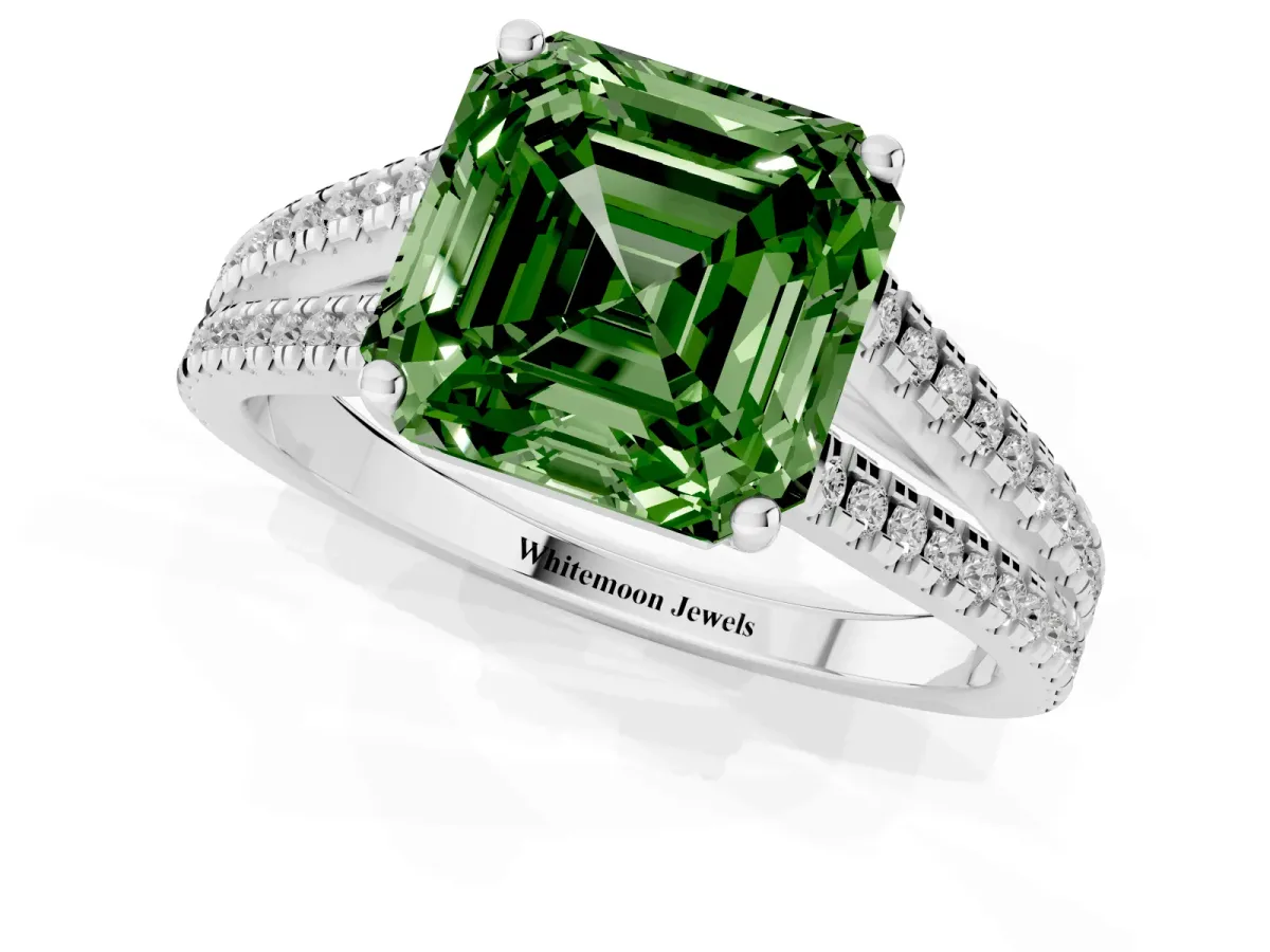 Fancy Green Asscher Cut Diamond Solitaire Engagement Ring with Split Shank Pavé Band Silver