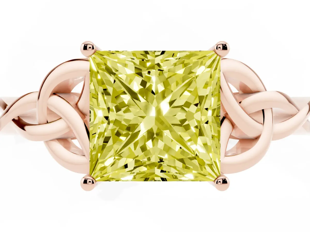 Fancy Yellow Princess Cut Diamond Solitaire Engagement Ring with Celtic Knot Band and Four-Prong Setting Rose gold