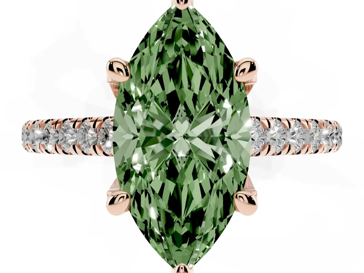 Fancy Green Marquise Cut Brilliant Diamond Solitaire with Pavé Band and Four-Prong Setting Rose gold