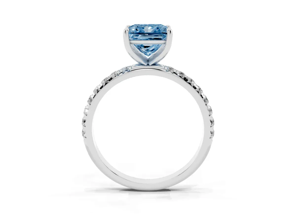 Fancy Blue Princess Cut Cut Diamond Solitaire Ring with Micro Pave Band and Four Prong Setting Silver