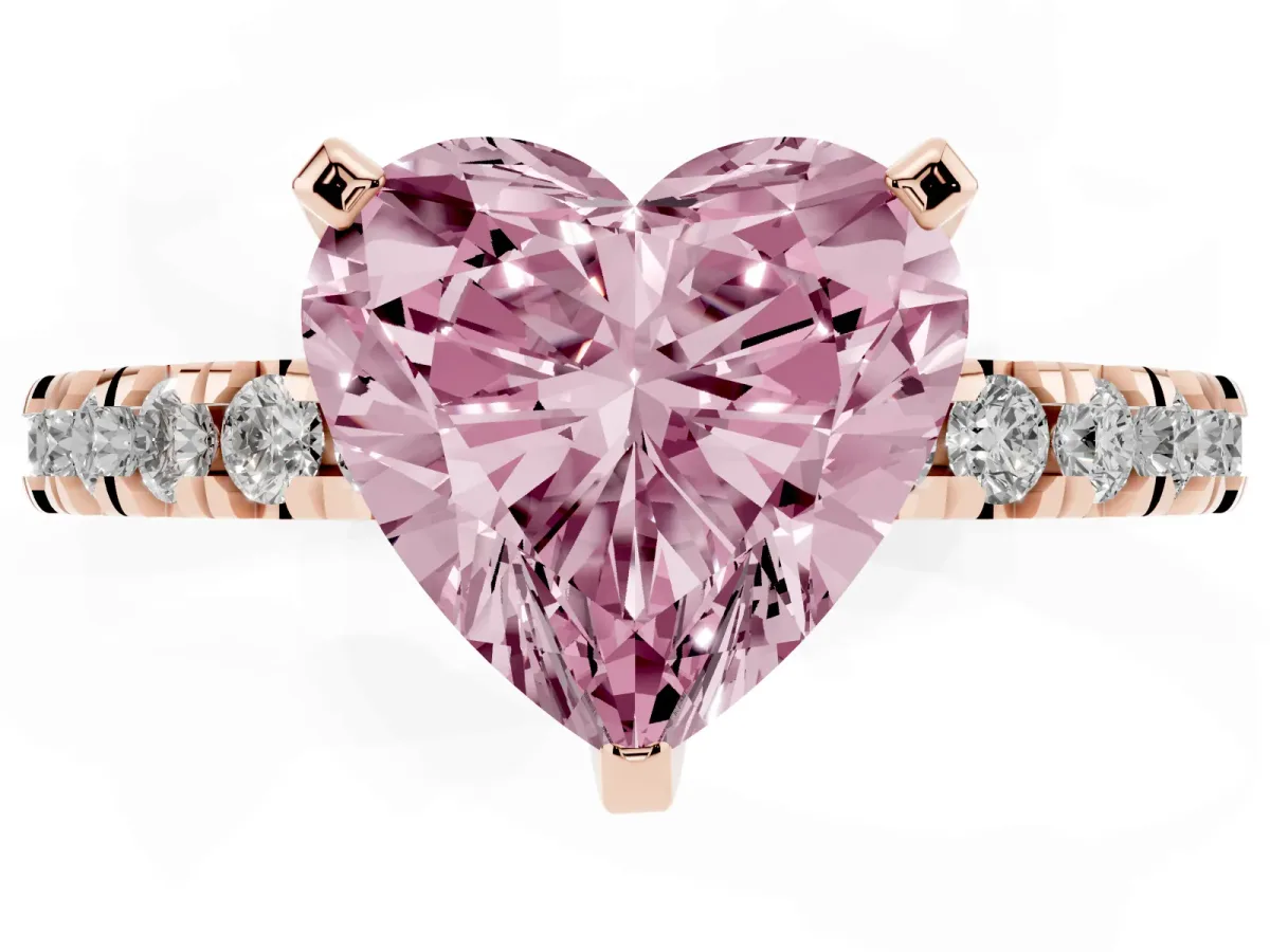 Fancy Pink Heart Cut Diamond Pavé Band Solitaire with Four-Prong Setting Rose gold