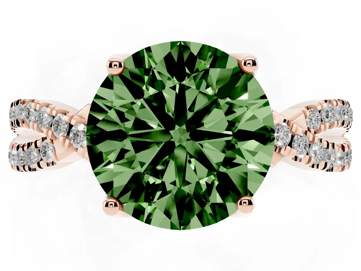 Fancy Green Round Cut Solitaire Twist Pave Diamond Engagement Ring with Prong Setting Rose gold