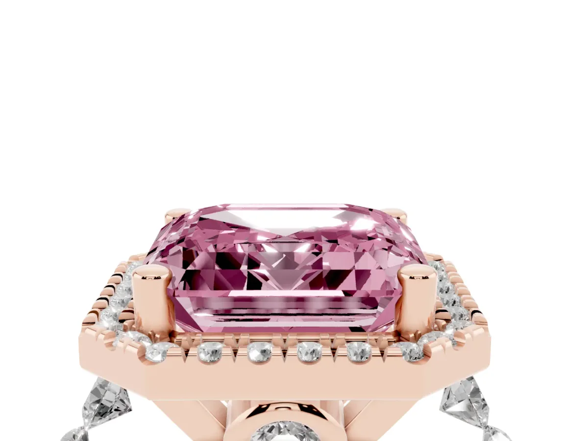 Fancy Pink Asscher Cut Halo Pavé Diamond Engagement Ring with Four-Prong Setting Rose gold
