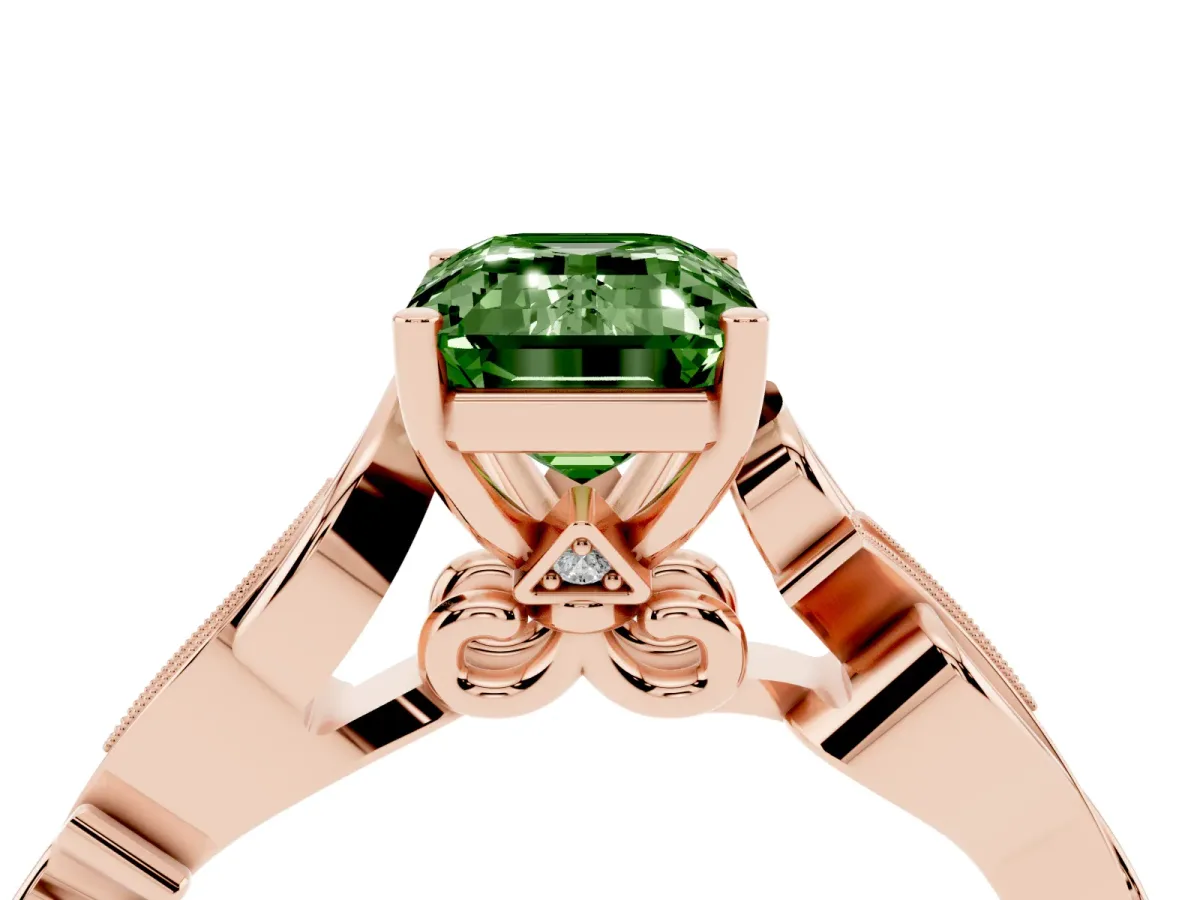 Fancy Green Emerald Cut Solitaire Vine Band with Milgrain Prong Setting Rose gold