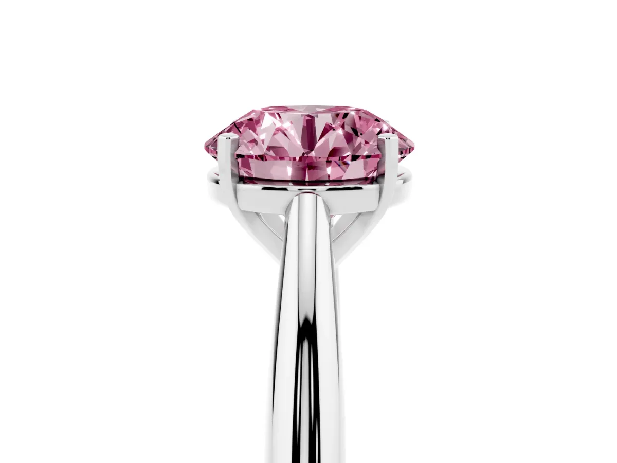 Fancy Pink Round Cut Diamond Solitaire Engagement Ring with Cathedral Setting and Four-Prong Mount Silver