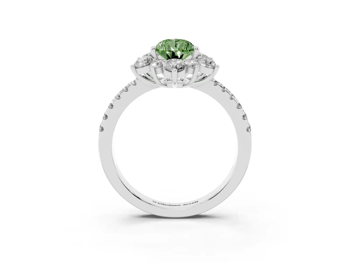 Fancy Green Pear Cut Diamond Floral Halo Ring with Round Pavé Band and Prong Setting White gold