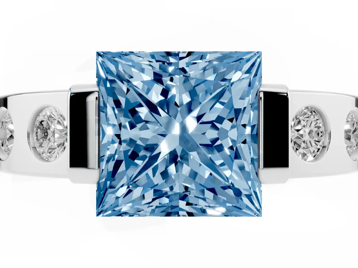 Fancy Blue Princess Cut Brilliant Channel-Set Diamond Ring with Bezel Prong Setting Silver