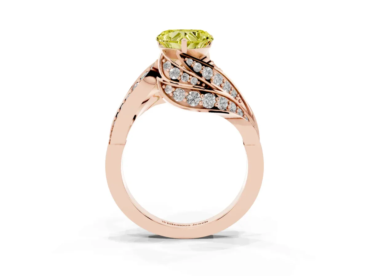 Fancy Yellow Heart Cut Diamond Solitaire Ring with Prong Setting and Twisted Pavé Band Rose gold