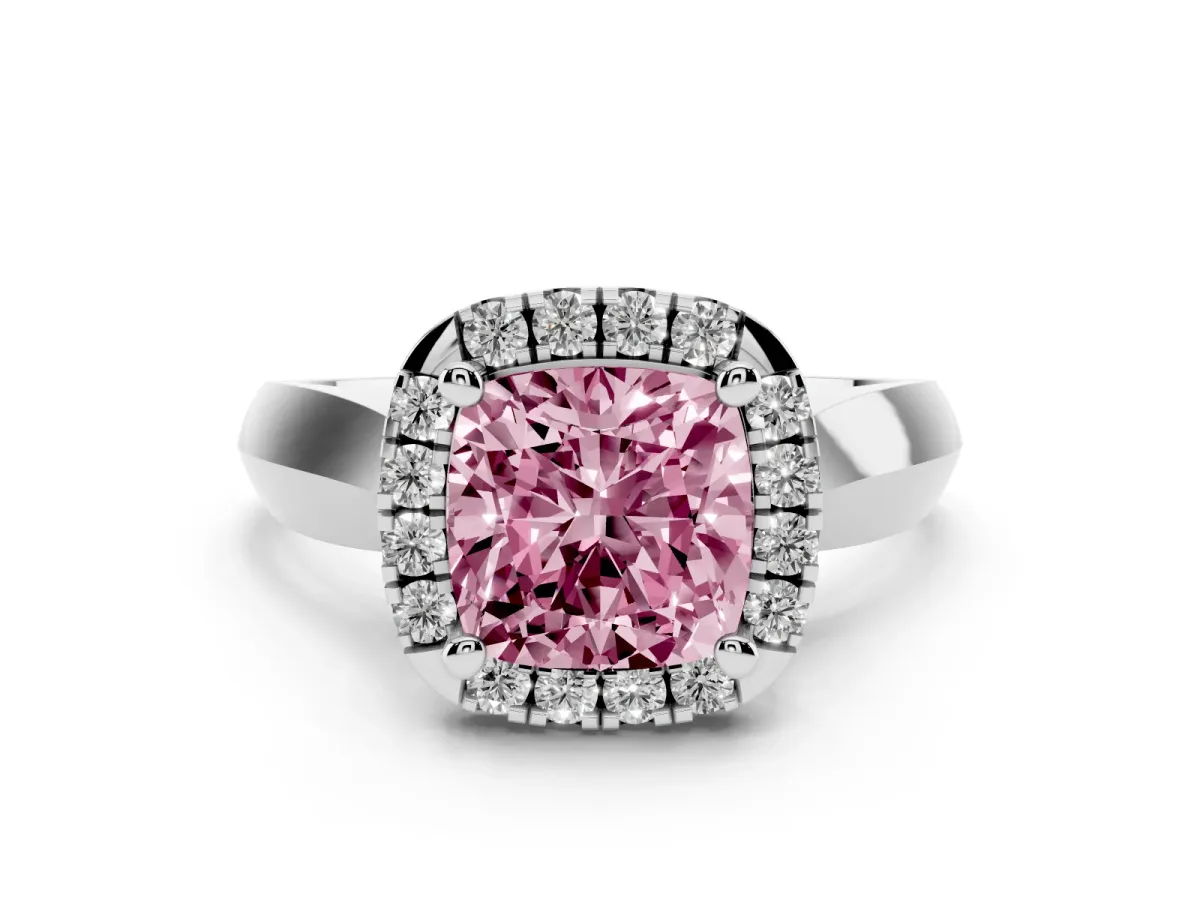 Fancy Pink Cushion Cut Cut Halo Solitaire Engagement Ring with Square Band and Four-Prong Setting White gold