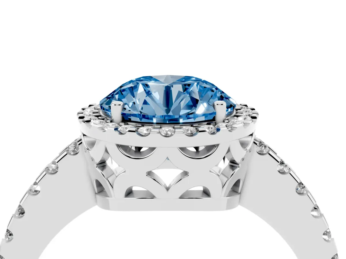Fancy Blue Round Cut Diamond Halo Engagement Ring with Pavé Band and Prong Setting Platinum