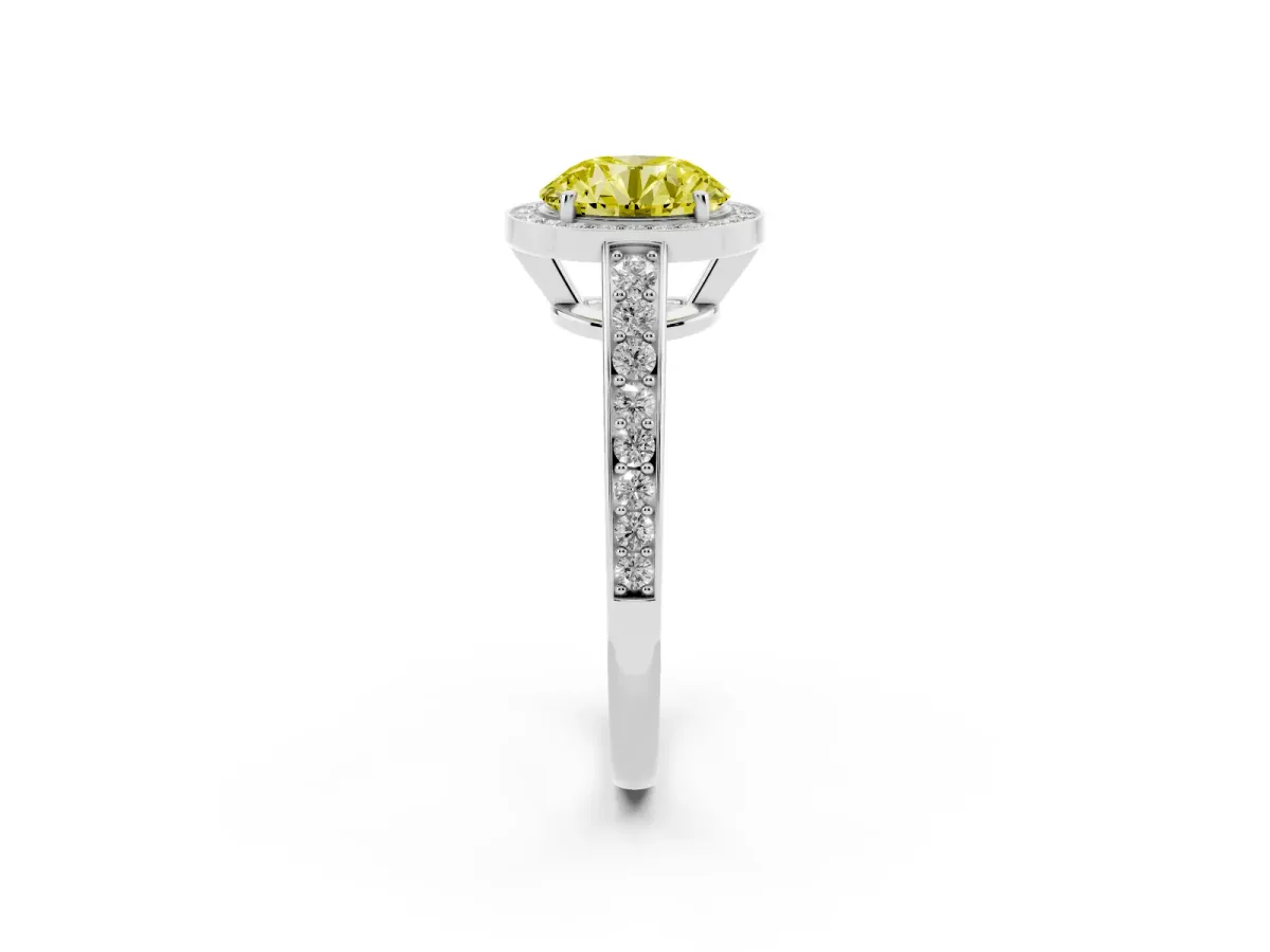 Fancy Yellow Round Cut Halo Pavé Diamond Engagement Ring with Bezel Setting Silver