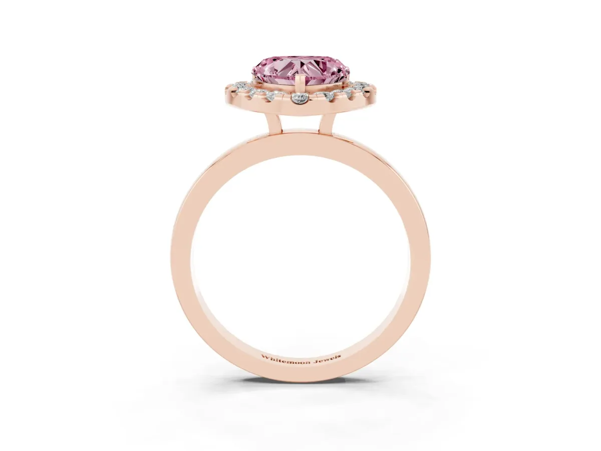 Fancy Pink Heart Cut Halo Diamond Solitaire with Pavé Band and Four-Prong Setting Rose gold