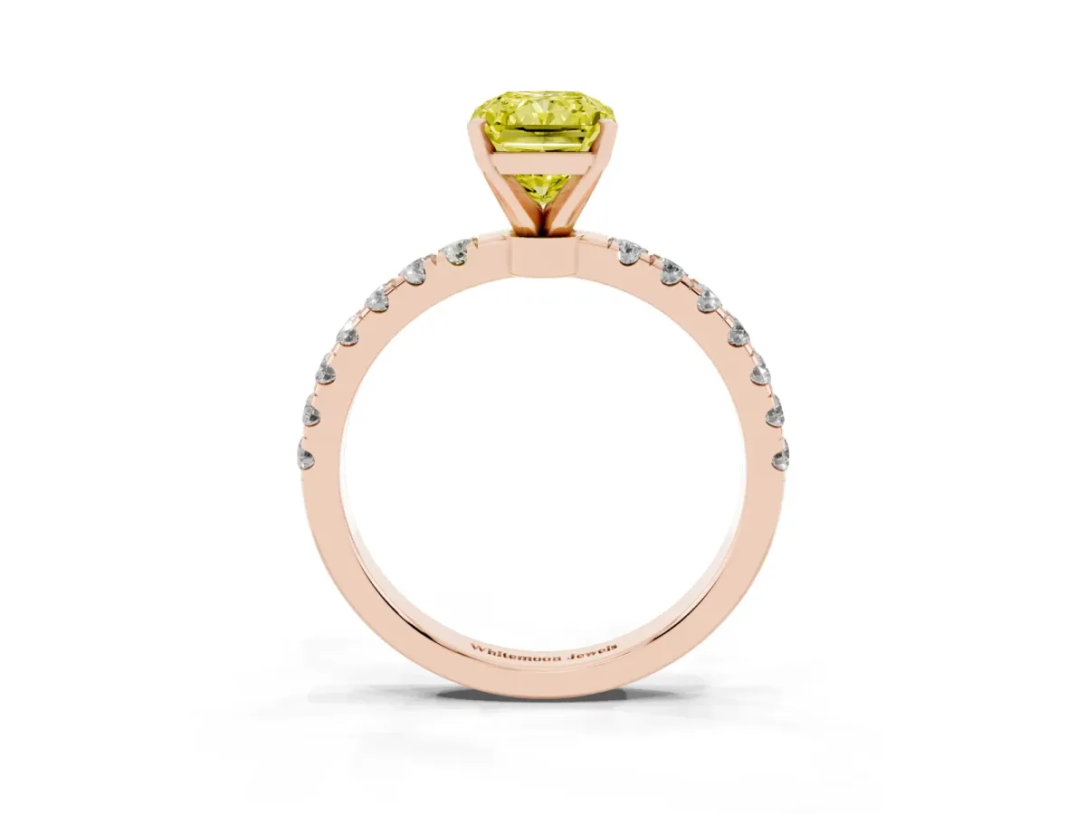 Fancy Yellow Radiant Cut Diamond Solitaire Ring with Pavé Accents and Four-Prong Setting Rose gold