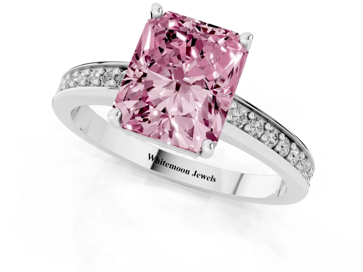 Fancy Pink Radiant Cut Solitaire Pavé Band Prong Setting Ring Silver