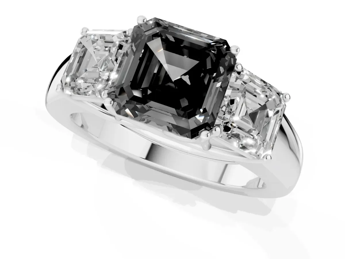 Fancy Black Three-Stone Asscher Cut Cut Diamond Ring with Prong Setting and Classic Band Platinum