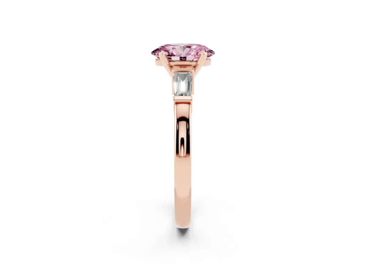 Fancy Pink Oval Cut Cut Diamond Solitaire Ring with Tapered Baguette Accents and Four-Prong Setting Rose gold
