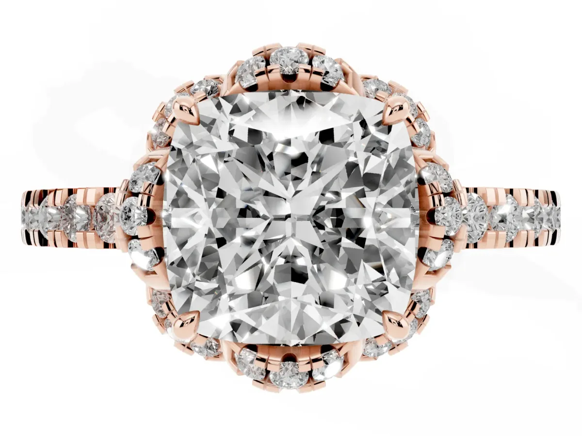 Cushion Cut Halo Diamond Pave Band Ring with Four-Prong Setting Rose gold