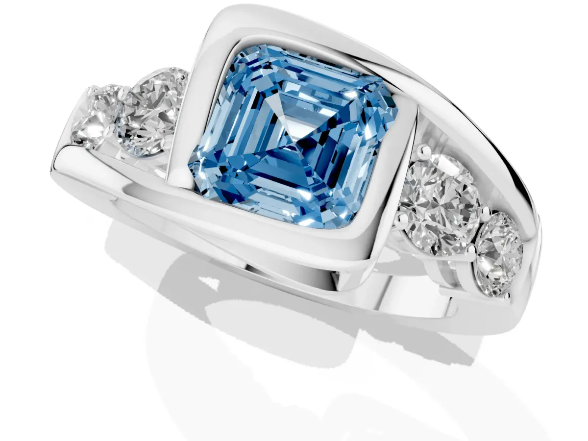 Fancy Blue Bezel Set Asscher Cut Diamond Bypass Ring with Round Accents Platinum