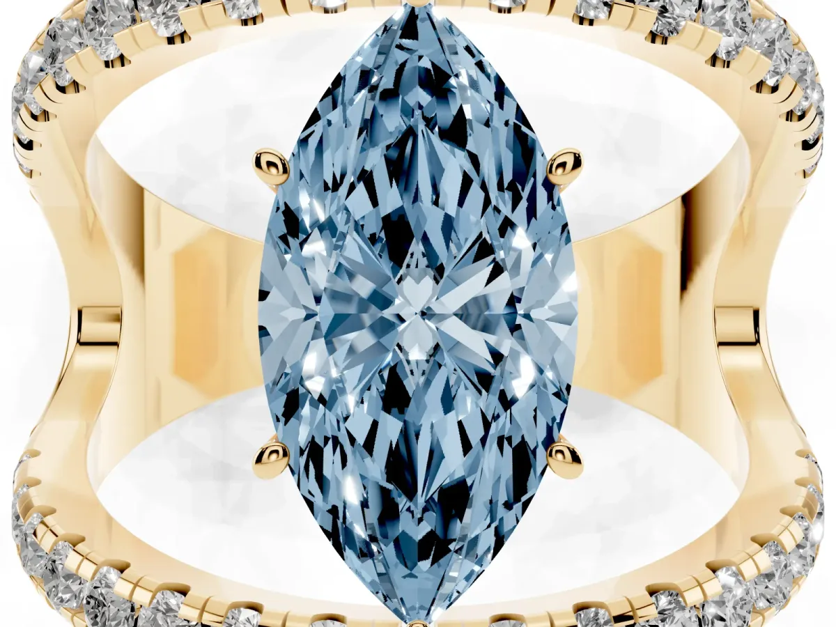 Fancy Blue Marquise Cut Solitaire Split Shank Pave Diamond Ring Yellow gold