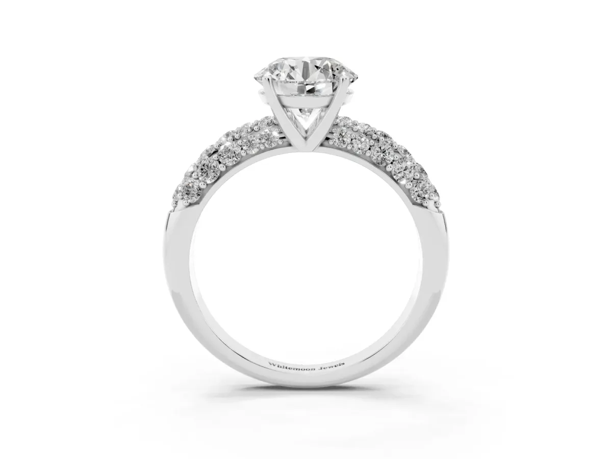 Round Cut Diamond Pavé Band Solitaire Ring with Four-Prong Setting Silver