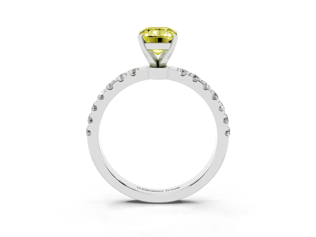Fancy Yellow Emerald Cut Diamond Solitaire Ring with Pavé Accents and Four-Prong Setting Silver