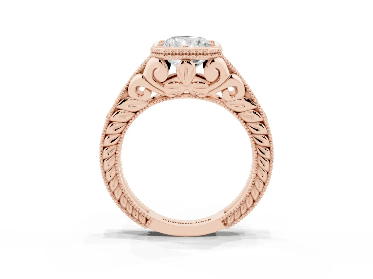 Bezel Set Radiant Cut Diamond Milgrain Pave Engagement Ring Rose gold