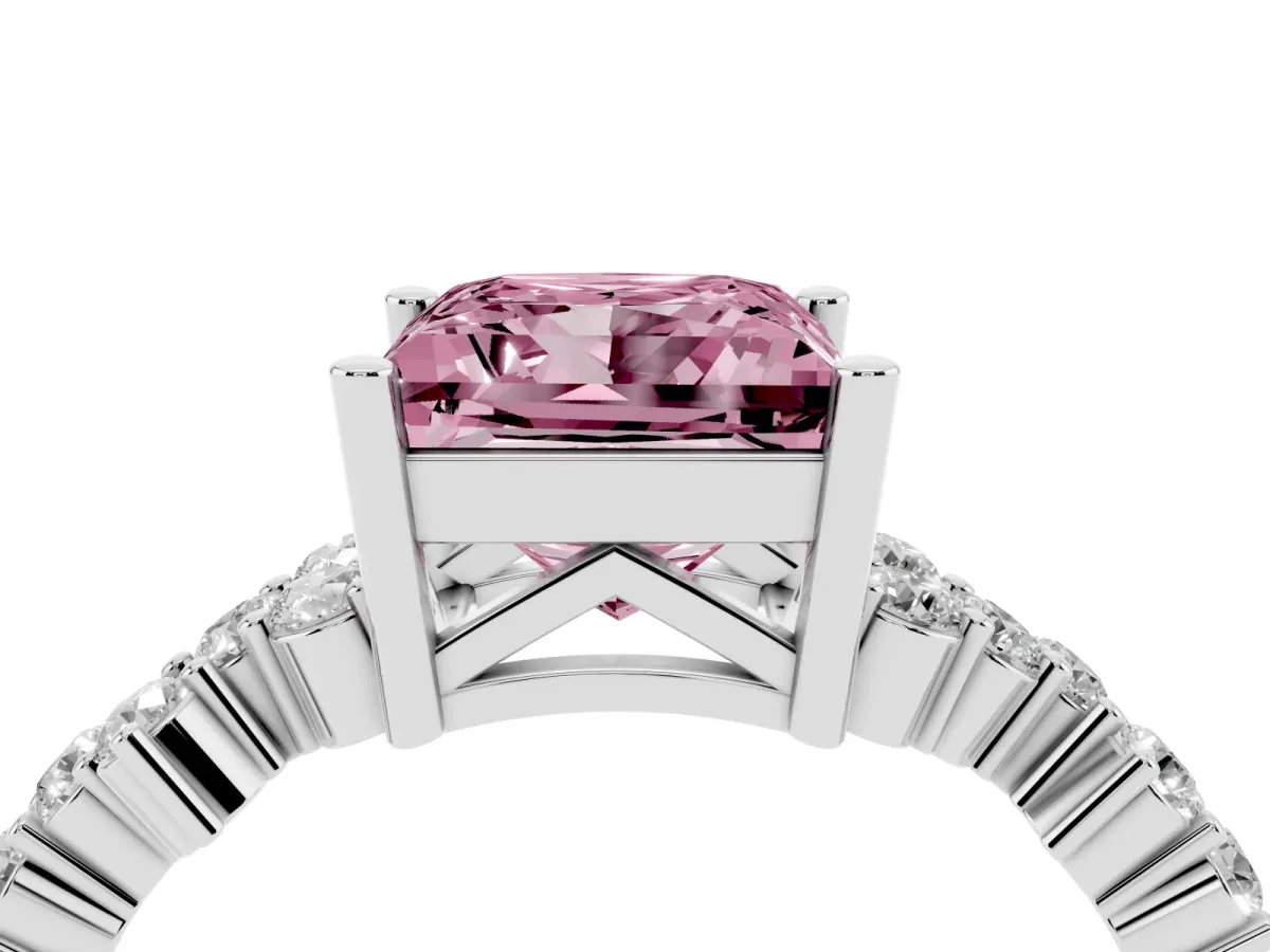Fancy Pink Princess Cut Diamond Scattered Round Accent Ring with Prong Setting Platinum
