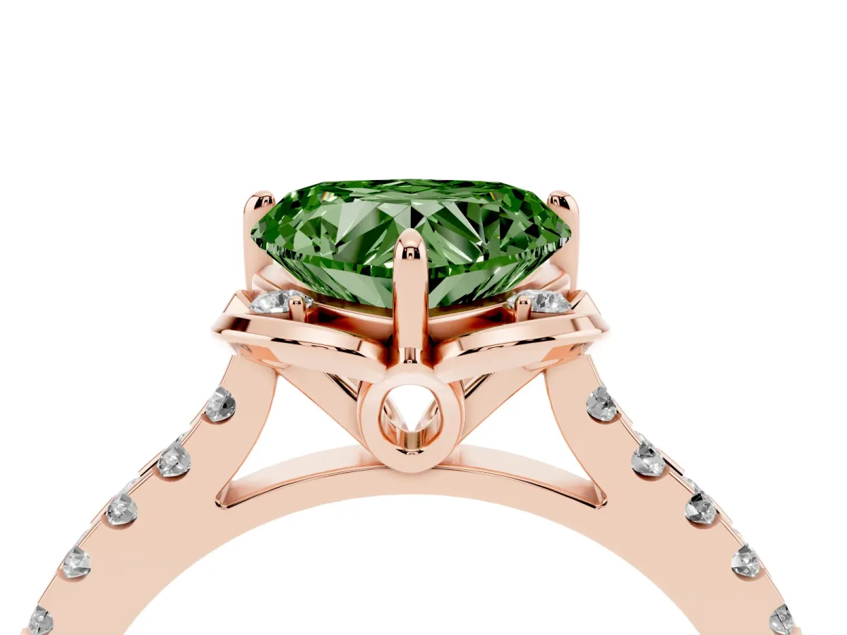 Fancy Green Heart Cut Diamond Ring with Pavé Band and Floral Prong Setting Rose gold