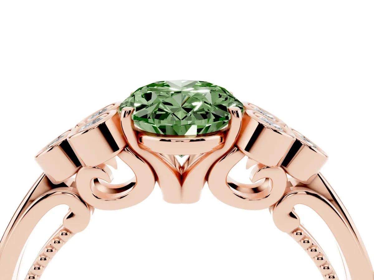 Fancy Green Oval Cut Cut Diamond Engagement Ring with Bezel Set Round Side Stones and Prong Setting Rose gold