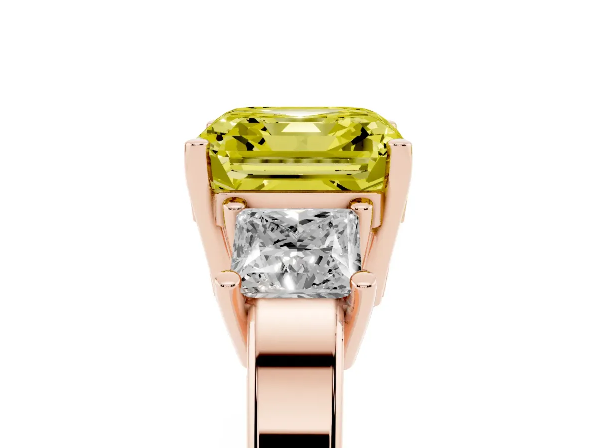 Fancy Yellow Three-Stone Asscher Cut Cut Solitaire Ring with Prong Setting Rose gold