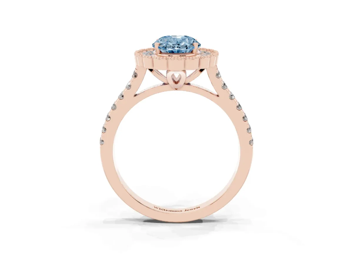 Fancy Blue Oval Cut Cut Diamond Milgrain Floral Halo Engagement Ring with Pavé Band Rose gold